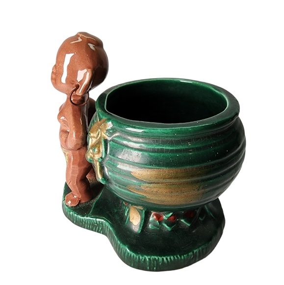 VINTAGE Green Brown Ceramic African Woman Figure Planter Pot - Picture 2 of 9